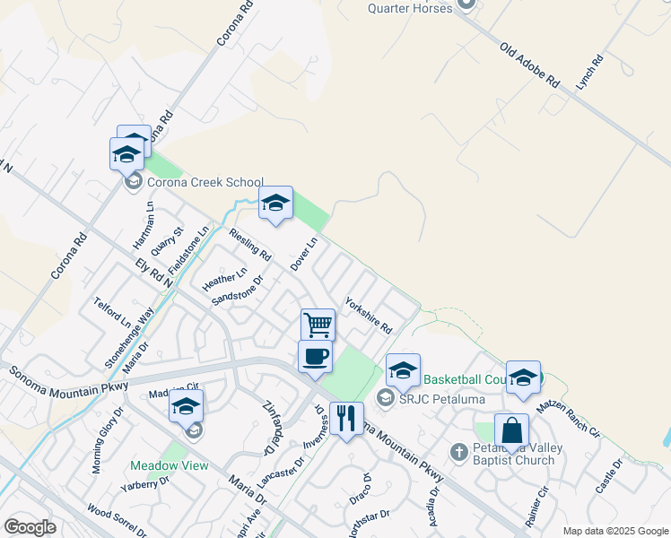map of restaurants, bars, coffee shops, grocery stores, and more near 1916 Winchester Lane in Petaluma