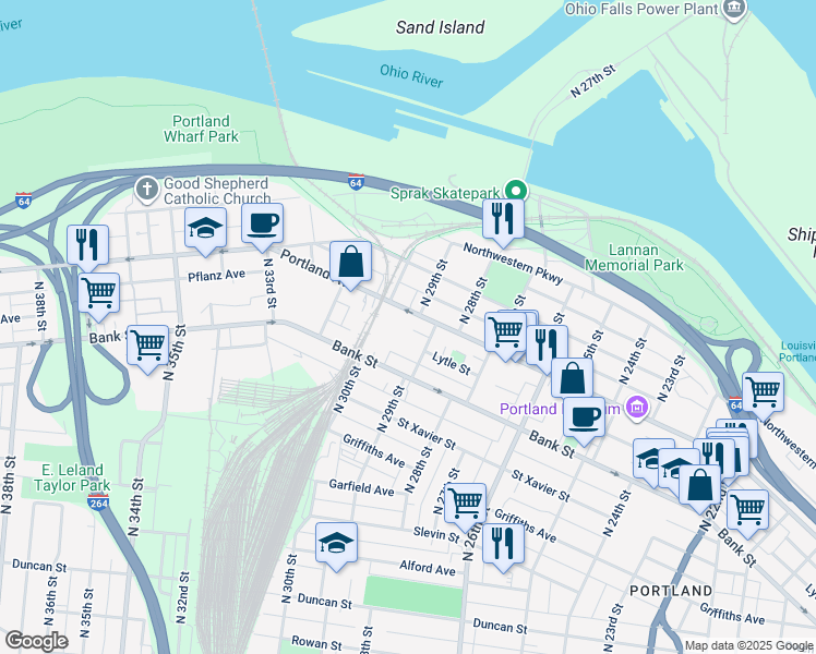 map of restaurants, bars, coffee shops, grocery stores, and more near 2916 Portland Avenue in Louisville