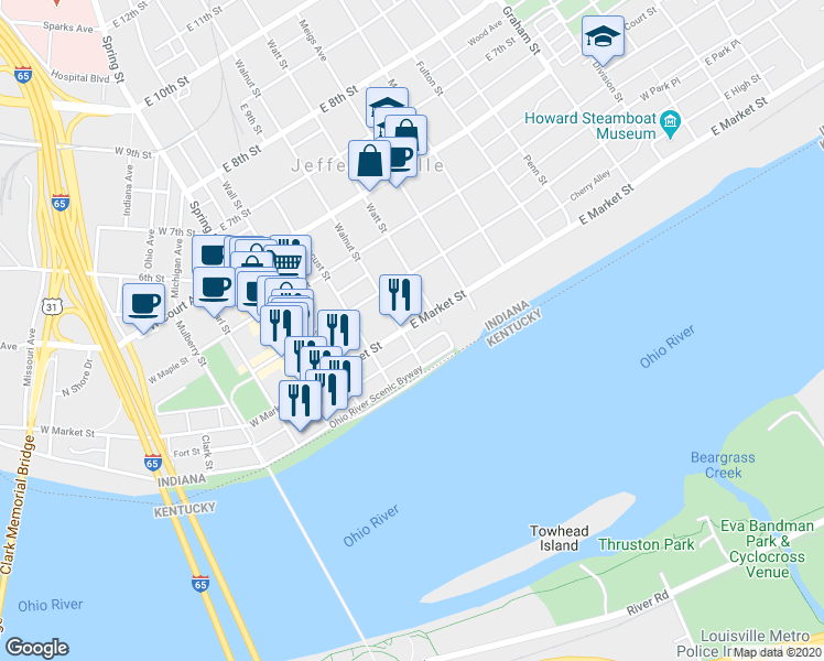 map of restaurants, bars, coffee shops, grocery stores, and more near 406 East Market Street in Jeffersonville