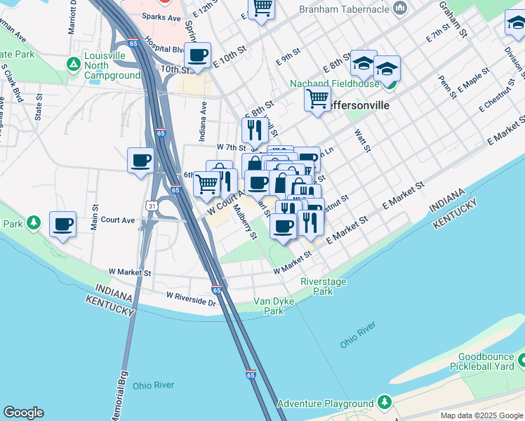 map of restaurants, bars, coffee shops, grocery stores, and more near 401 Pearl Street in Jeffersonville