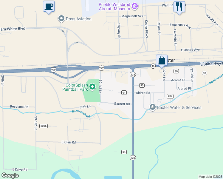 map of restaurants, bars, coffee shops, grocery stores, and more near 30577 Aldred Road in Pueblo