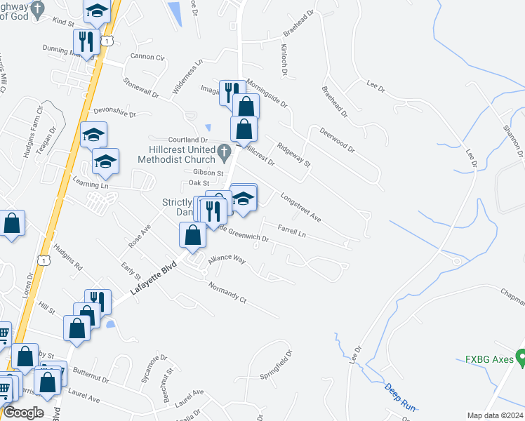 map of restaurants, bars, coffee shops, grocery stores, and more near 128 Forrest Avenue in Fredericksburg