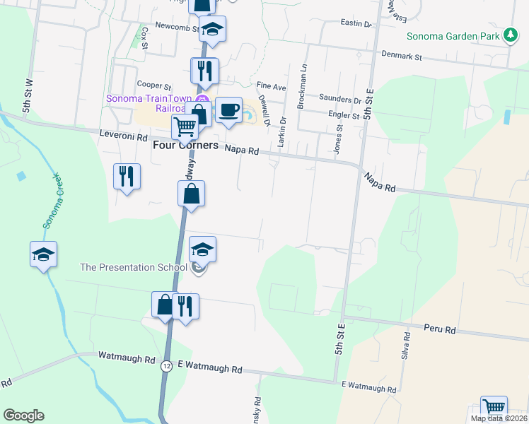 map of restaurants, bars, coffee shops, grocery stores, and more near 270 Fisher Lane in Sonoma