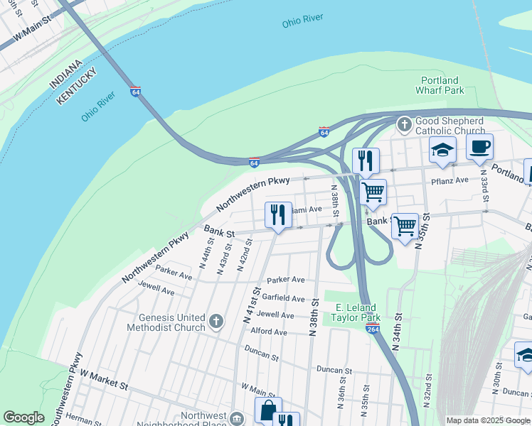 map of restaurants, bars, coffee shops, grocery stores, and more near 4120 Miami Avenue in Louisville