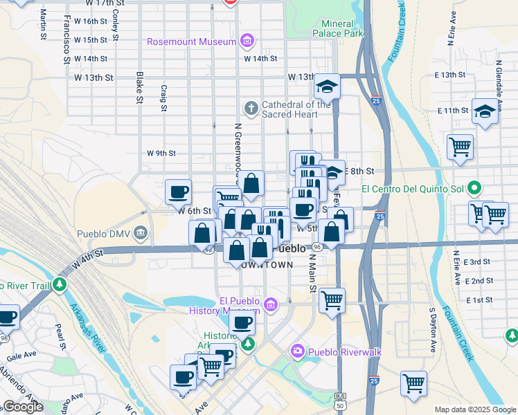 map of restaurants, bars, coffee shops, grocery stores, and more near 601 North Grand Avenue in Pueblo