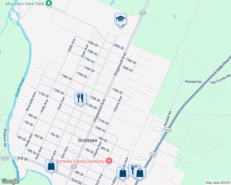 map of restaurants, bars, coffee shops, grocery stores, and more near 305 15th Street in Grottoes