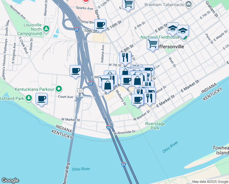 map of restaurants, bars, coffee shops, grocery stores, and more near 301 West Court Avenue in Jeffersonville