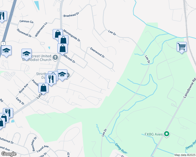 map of restaurants, bars, coffee shops, grocery stores, and more near 224 Hillcrest Drive in Fredericksburg