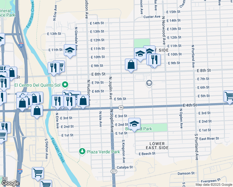 map of restaurants, bars, coffee shops, grocery stores, and more near in Pueblo