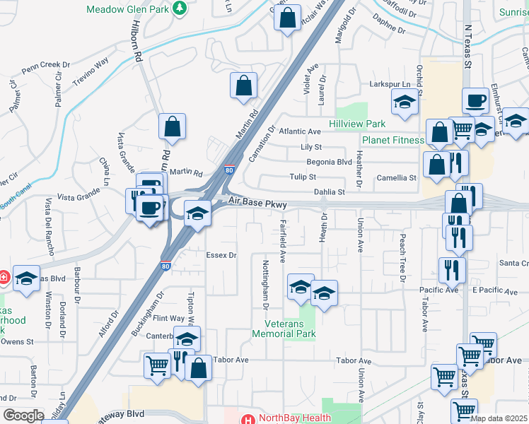 map of restaurants, bars, coffee shops, grocery stores, and more near 1077 Alaska Avenue in Fairfield