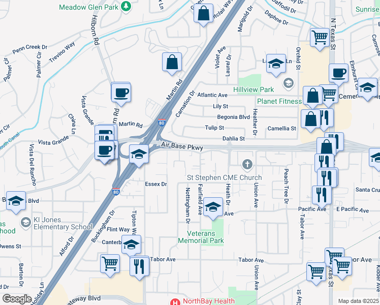 map of restaurants, bars, coffee shops, grocery stores, and more near 1077 Alaska Avenue in Fairfield