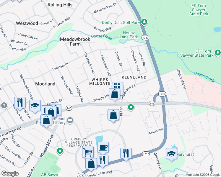 map of restaurants, bars, coffee shops, grocery stores, and more near 9810 Tucson Court in Louisville
