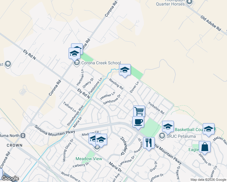 map of restaurants, bars, coffee shops, grocery stores, and more near 1855 Heather Lane in Petaluma