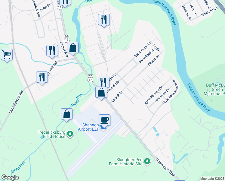 map of restaurants, bars, coffee shops, grocery stores, and more near 121 Mansfield Street in Fredericksburg