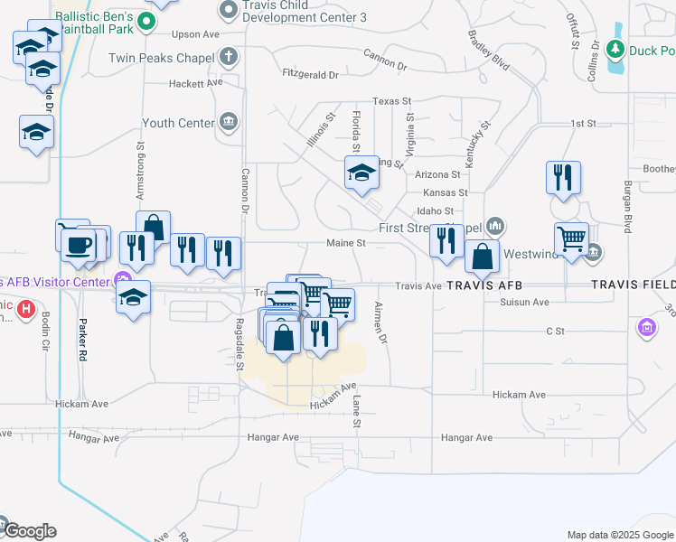 map of restaurants, bars, coffee shops, grocery stores, and more near 351 Travis Avenue in Fairfield