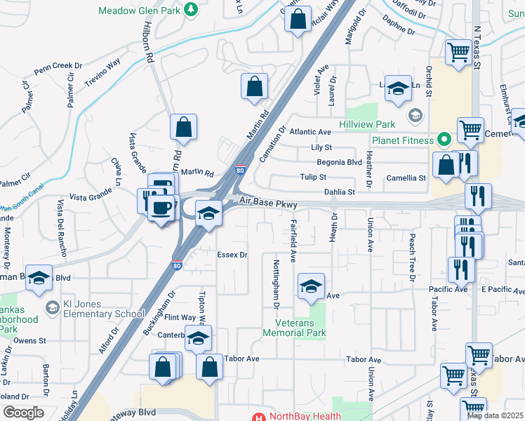 map of restaurants, bars, coffee shops, grocery stores, and more near 1111 Alaska Avenue in Fairfield
