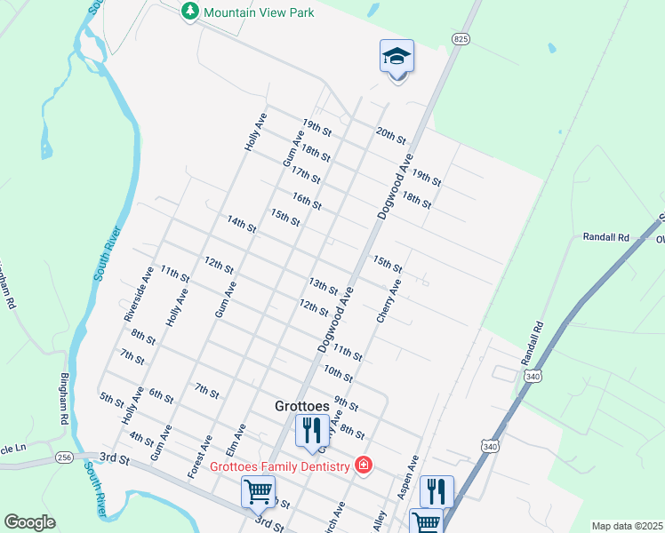 map of restaurants, bars, coffee shops, grocery stores, and more near 1203 Elm Avenue in Grottoes