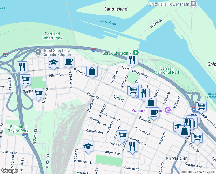 map of restaurants, bars, coffee shops, grocery stores, and more near 2916 Portland Avenue in Louisville