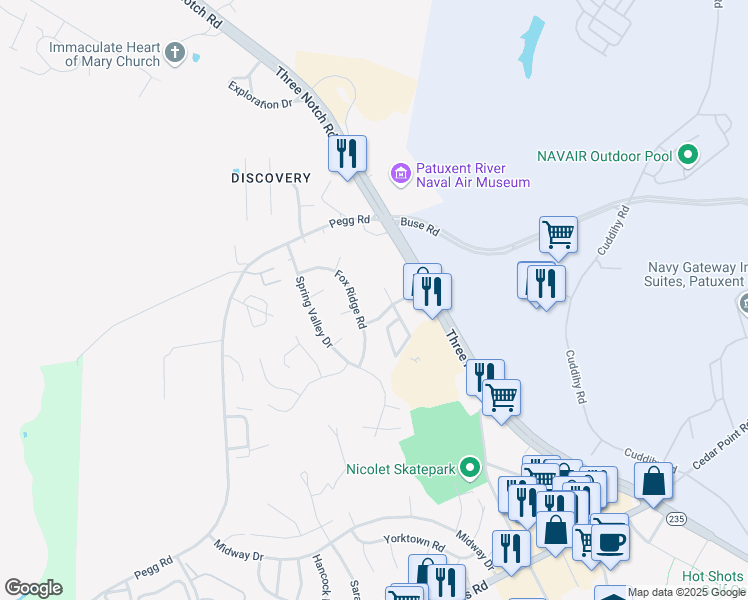 map of restaurants, bars, coffee shops, grocery stores, and more near 22175 Franklin Delano Roosevelt Boulevard in Lexington Park