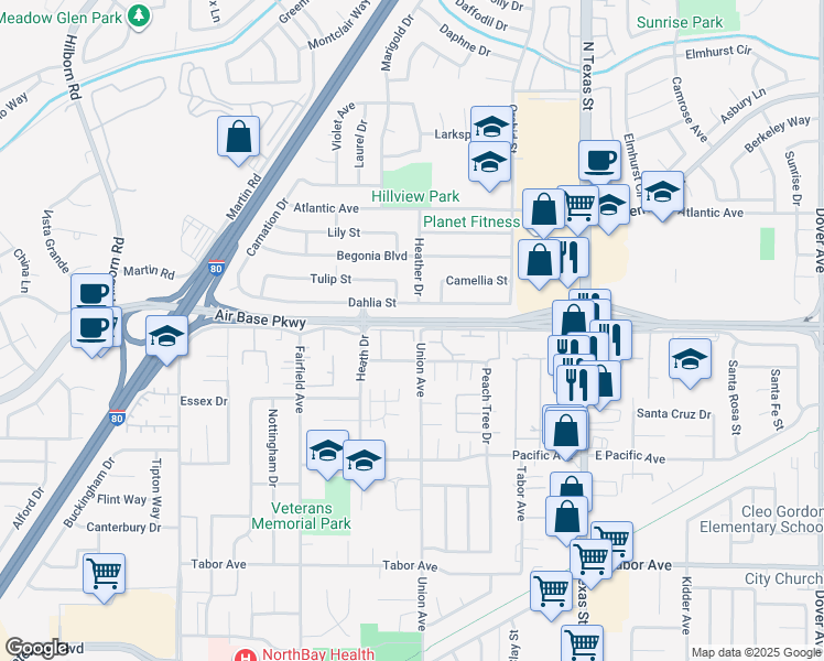 map of restaurants, bars, coffee shops, grocery stores, and more near 601 Alaska Avenue in Fairfield