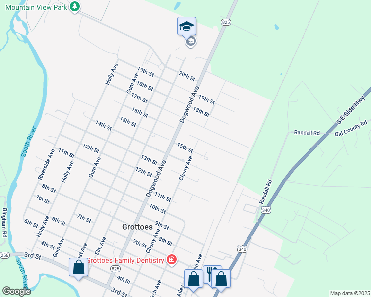 map of restaurants, bars, coffee shops, grocery stores, and more near 305 15th Street in Grottoes