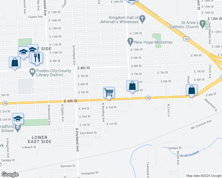 map of restaurants, bars, coffee shops, grocery stores, and more near 1925 E 5th St in Pueblo