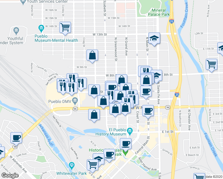 map of restaurants, bars, coffee shops, grocery stores, and more near 515 West 6th Street in Pueblo
