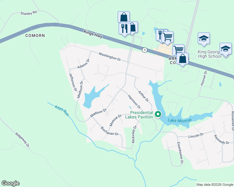 map of restaurants, bars, coffee shops, grocery stores, and more near Madison Drive in King George