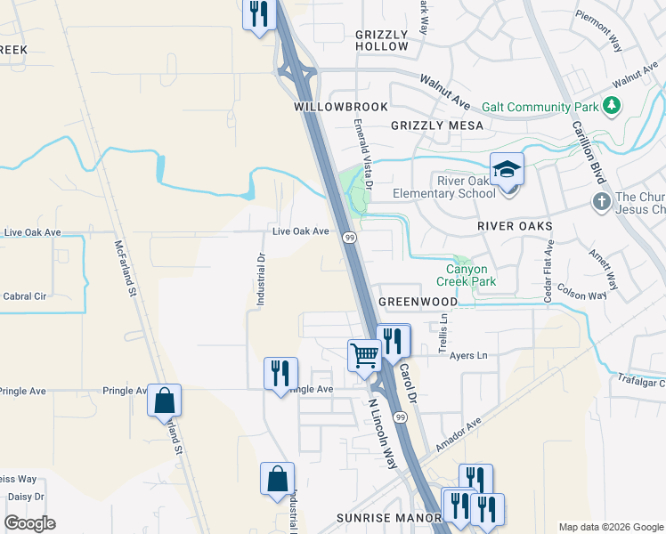 map of restaurants, bars, coffee shops, grocery stores, and more near 1040 North Lincoln Way in Galt