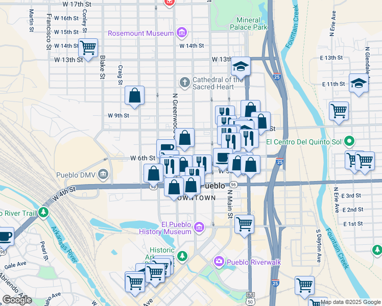 map of restaurants, bars, coffee shops, grocery stores, and more near 601 North Grand Avenue in Pueblo