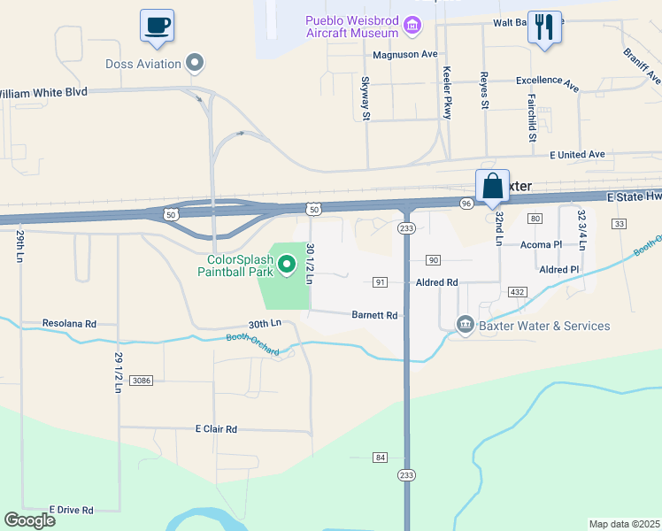map of restaurants, bars, coffee shops, grocery stores, and more near 30577 Aldred Road in Pueblo