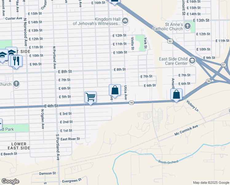 map of restaurants, bars, coffee shops, grocery stores, and more near 2102 East 5th Street in Pueblo