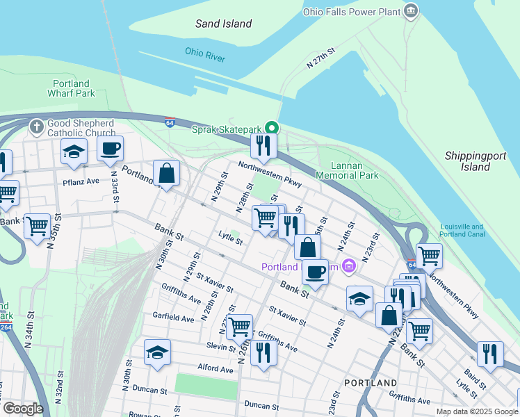 map of restaurants, bars, coffee shops, grocery stores, and more near 2719 Tyler Avenue in Louisville