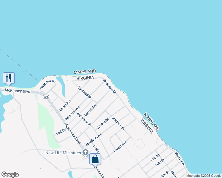 map of restaurants, bars, coffee shops, grocery stores, and more near 7 Locust Avenue in Colonial Beach