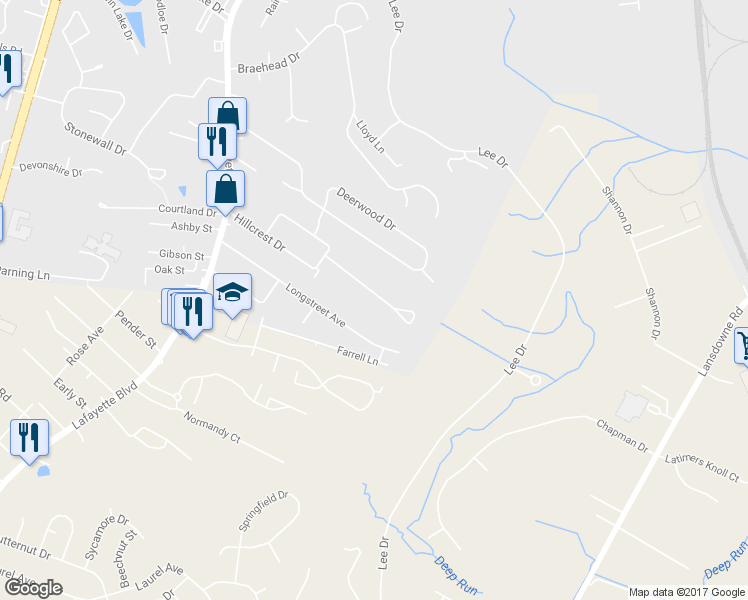 map of restaurants, bars, coffee shops, grocery stores, and more near 224 Hillcrest Drive in Fredericksburg