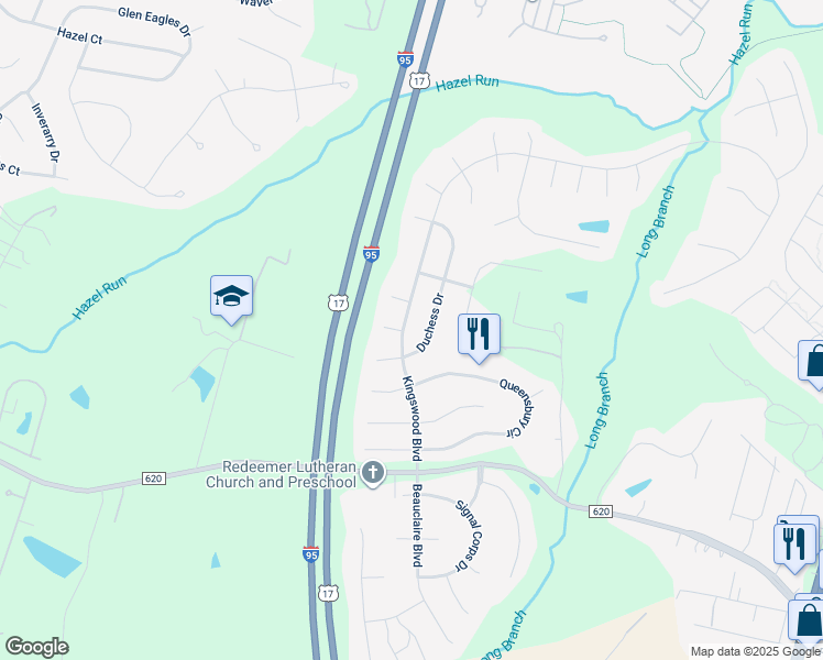 map of restaurants, bars, coffee shops, grocery stores, and more near 11507 Kingswood Boulevard in Fredericksburg