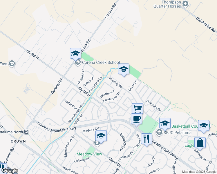 map of restaurants, bars, coffee shops, grocery stores, and more near 1855 Heather Lane in Petaluma