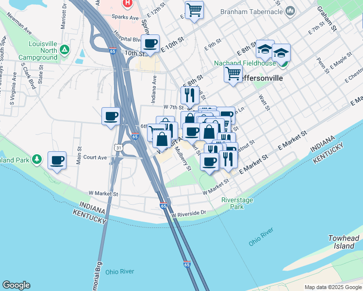 map of restaurants, bars, coffee shops, grocery stores, and more near 222 West Maple Street in Jeffersonville