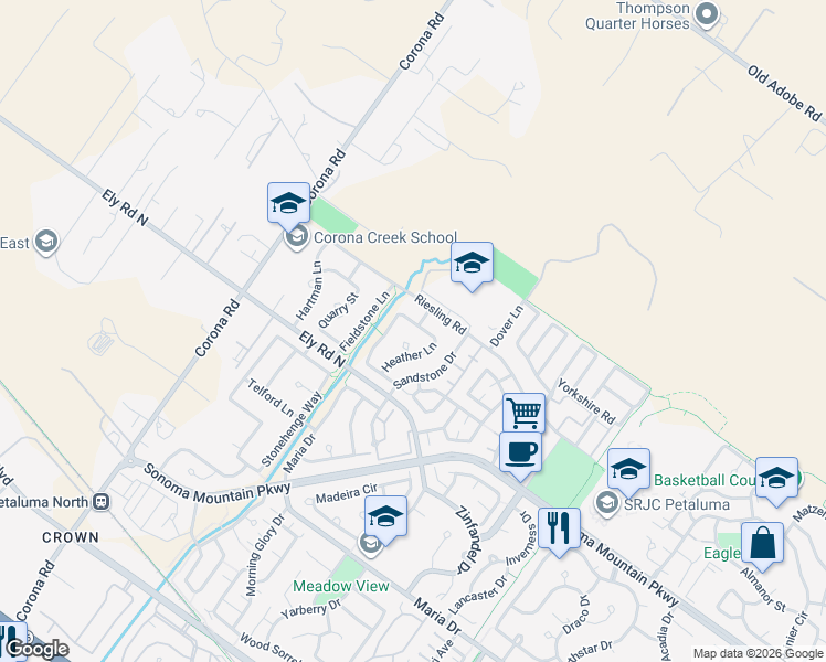 map of restaurants, bars, coffee shops, grocery stores, and more near 1855 Heather Lane in Petaluma