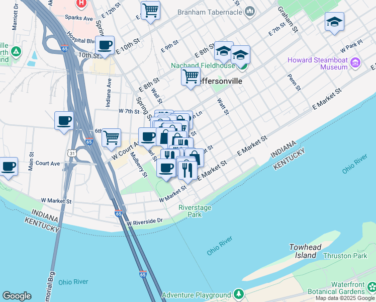 map of restaurants, bars, coffee shops, grocery stores, and more near 123 East Chestnut Street in Jeffersonville