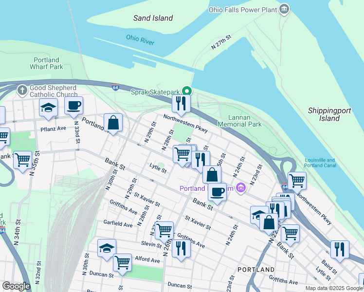 map of restaurants, bars, coffee shops, grocery stores, and more near 2626 Montgomery Street in Louisville