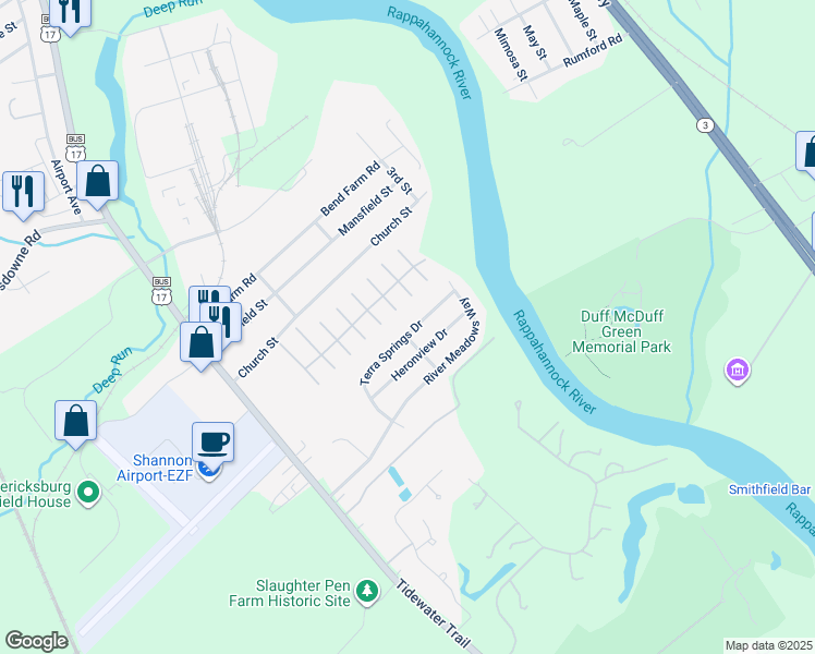 map of restaurants, bars, coffee shops, grocery stores, and more near 3202 Terra Springs Drive in Fredericksburg