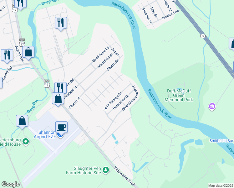 map of restaurants, bars, coffee shops, grocery stores, and more near 3202 Terra Springs Drive in Fredericksburg