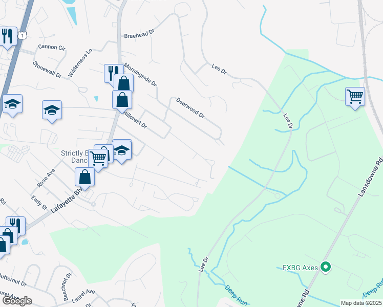 map of restaurants, bars, coffee shops, grocery stores, and more near 222 Hillcrest Drive in Fredericksburg