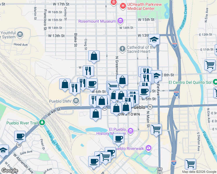map of restaurants, bars, coffee shops, grocery stores, and more near 515 W 6th St in Pueblo