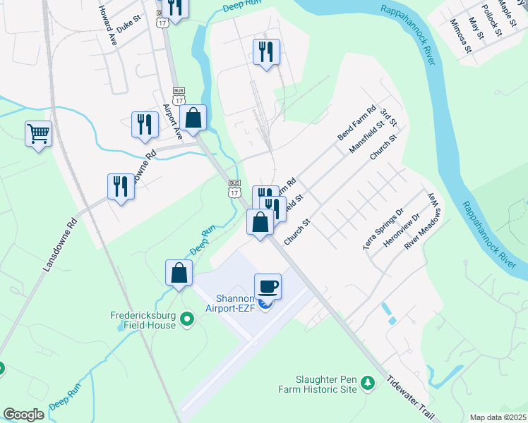 map of restaurants, bars, coffee shops, grocery stores, and more near 111 Bend Farm Road in Fredericksburg