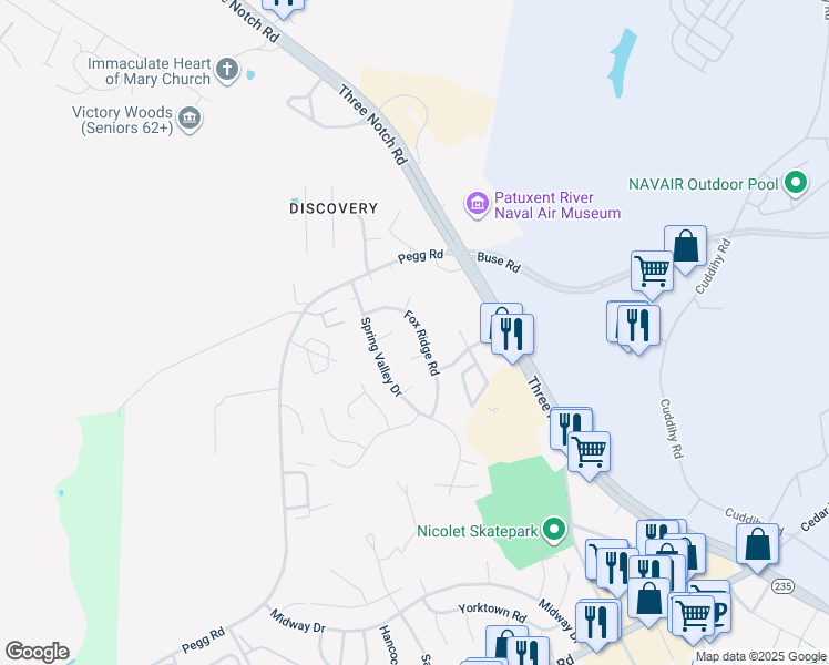 map of restaurants, bars, coffee shops, grocery stores, and more near 22055 Fox Ridge Road in Lexington Park