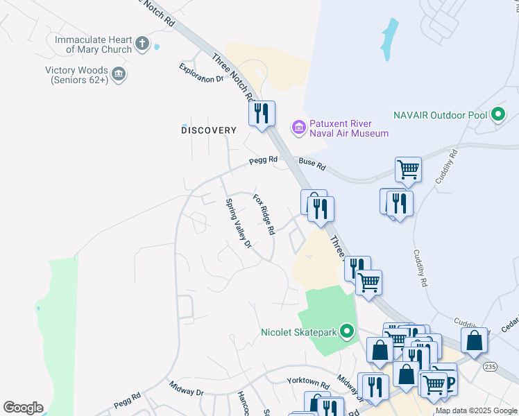 map of restaurants, bars, coffee shops, grocery stores, and more near 22055 Fox Ridge Road in Lexington Park