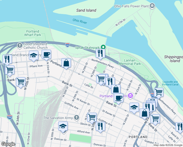 map of restaurants, bars, coffee shops, grocery stores, and more near 2719 Tyler Avenue in Louisville
