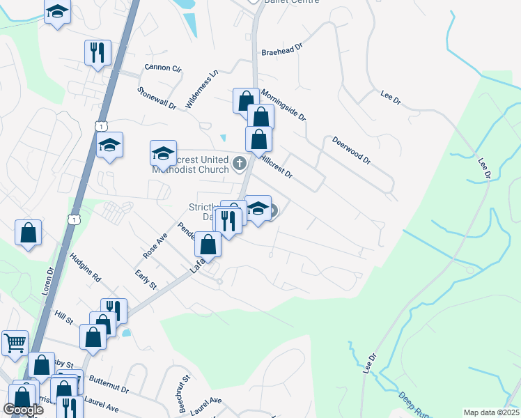 map of restaurants, bars, coffee shops, grocery stores, and more near 114 Forrest Avenue in Fredericksburg
